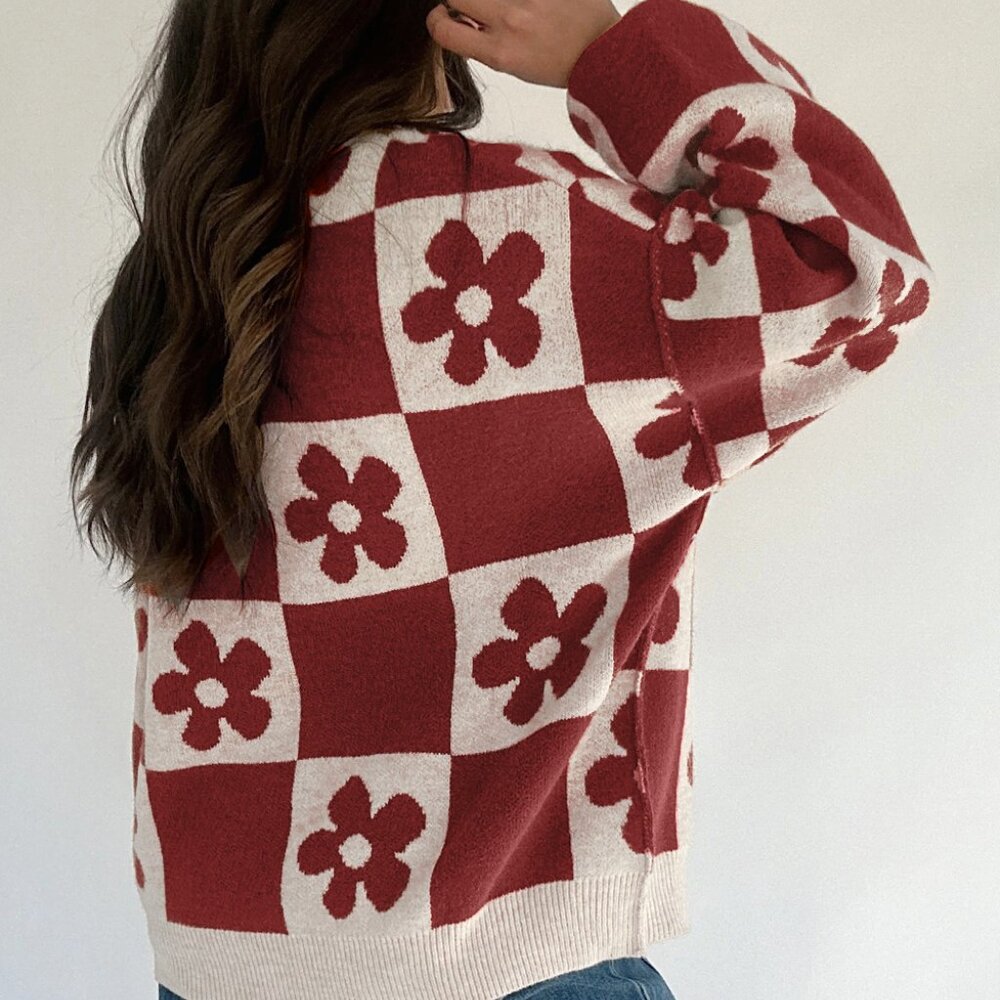 B355 Red Dahlia Flower Plaid Henley Baggy Sweater - Picture 2 of 3